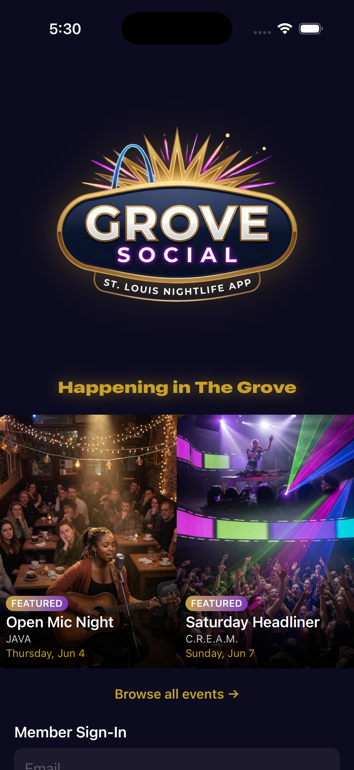 Grove Social iOS app — login screen with upcoming events